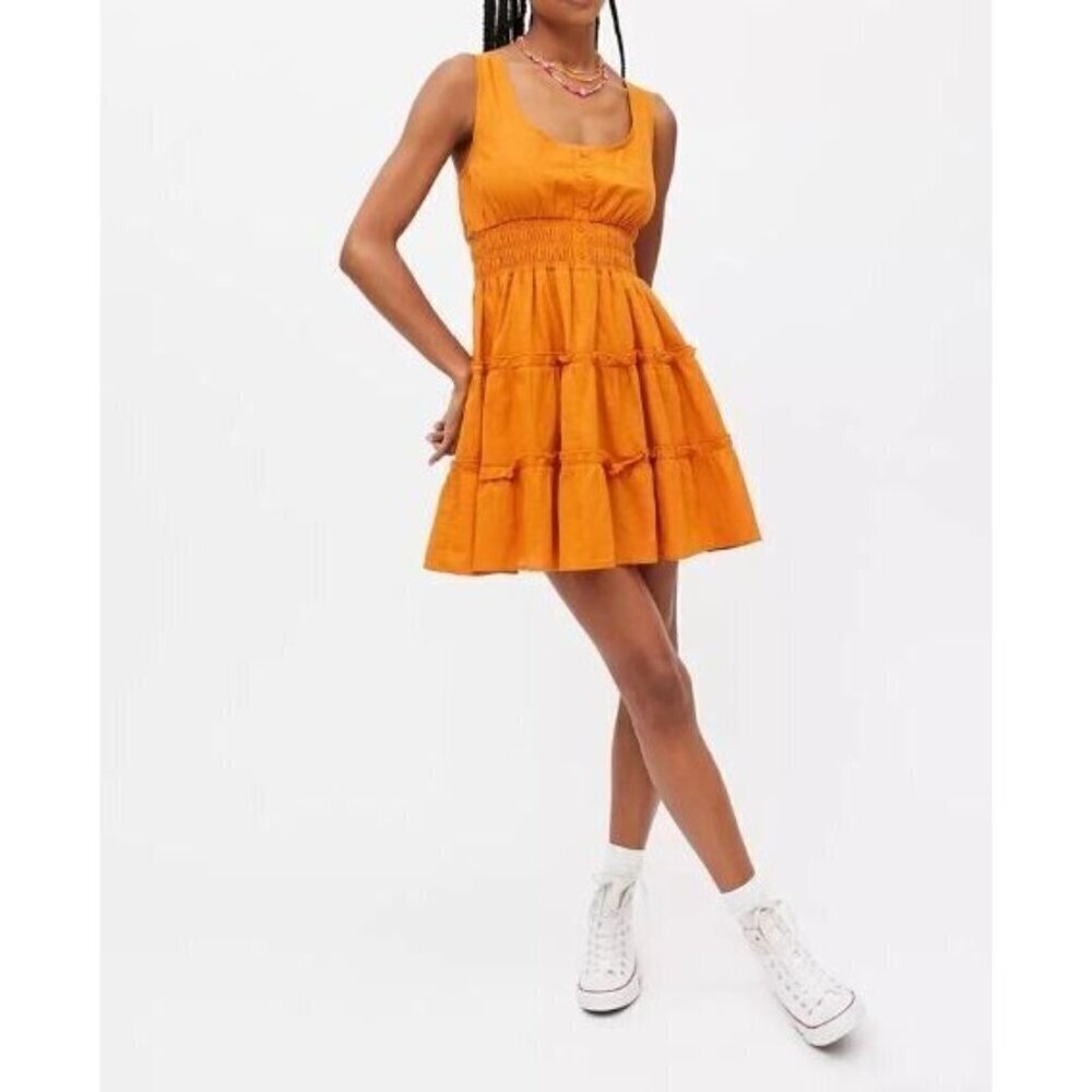 Urban Outfitters Dress Womens Small Orange Hailey Tiered Mini Ruched Flirty